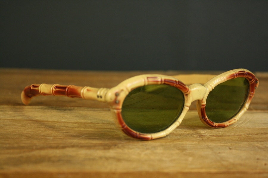 50s Sunglasses /  TIKI Bamboo Frames with Green Lens