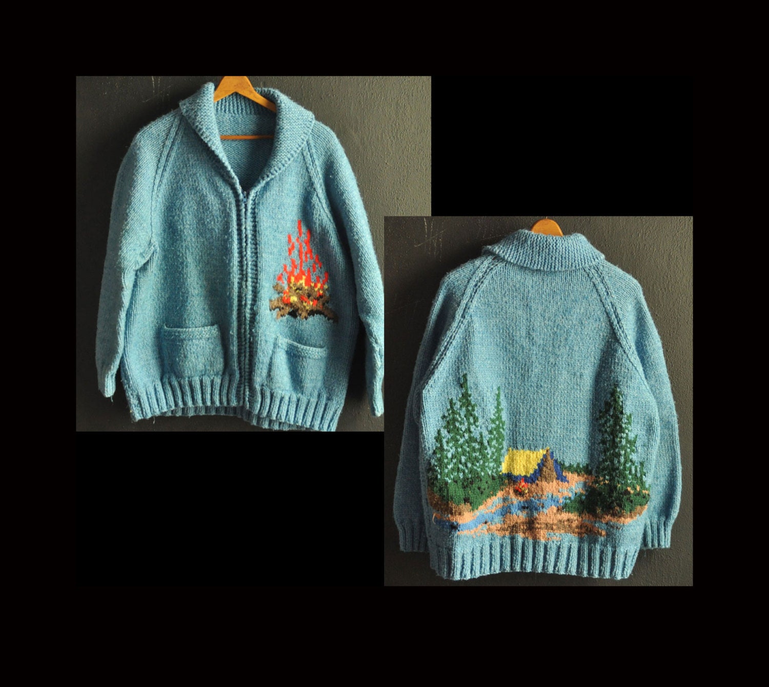 Vintage Cowichan Cardigan Sweater Jacket Hand made Knit  Zipper Campfire Camping design