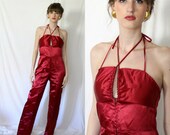 Cranberry Satin Halter Jumpsuit - Jeans Style Pants - Spaghetti Straps - Disco - Charlies Angels - Vintage - Small 4