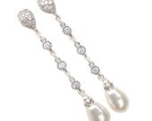 Long Pearl Dangle Earrings, Bridal Pearl Drop Earrings, Teardrop Pearl Earrings, Wedding Jewelry, Pearl and Rhinestone