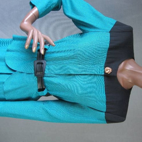 70s 80s Day Dress Vintage Office 40s Style Color Block Turquoise Medium