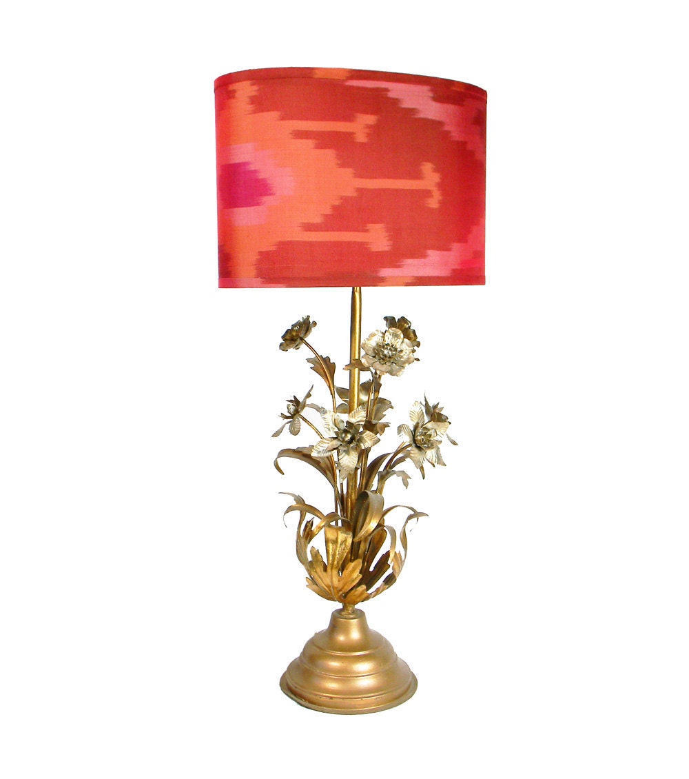 Oval Ikat Lampshade - Vintage Coral Hot Pink Gold