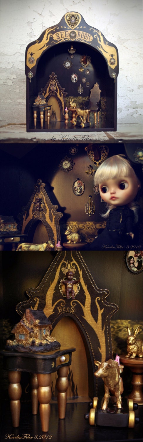Bees room - ooak Victorian dollhouse. for Blythe Pullip Dal and other 1/6 scale dolls.  Unique roombox  with miniature furniture.