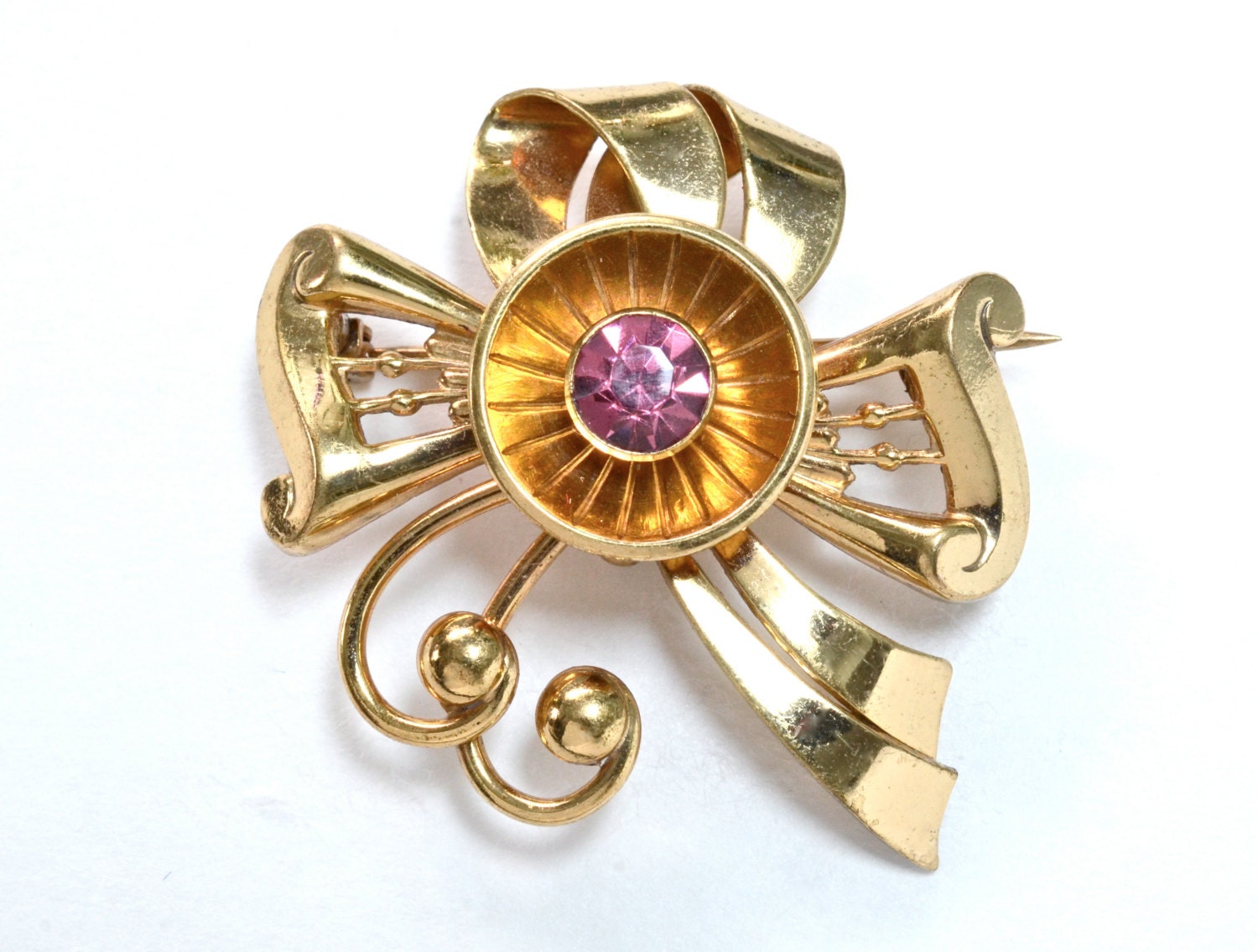 40s Harry Iskin 12K GF Retro Brooch/ Watch Pin w/ Pink Stone