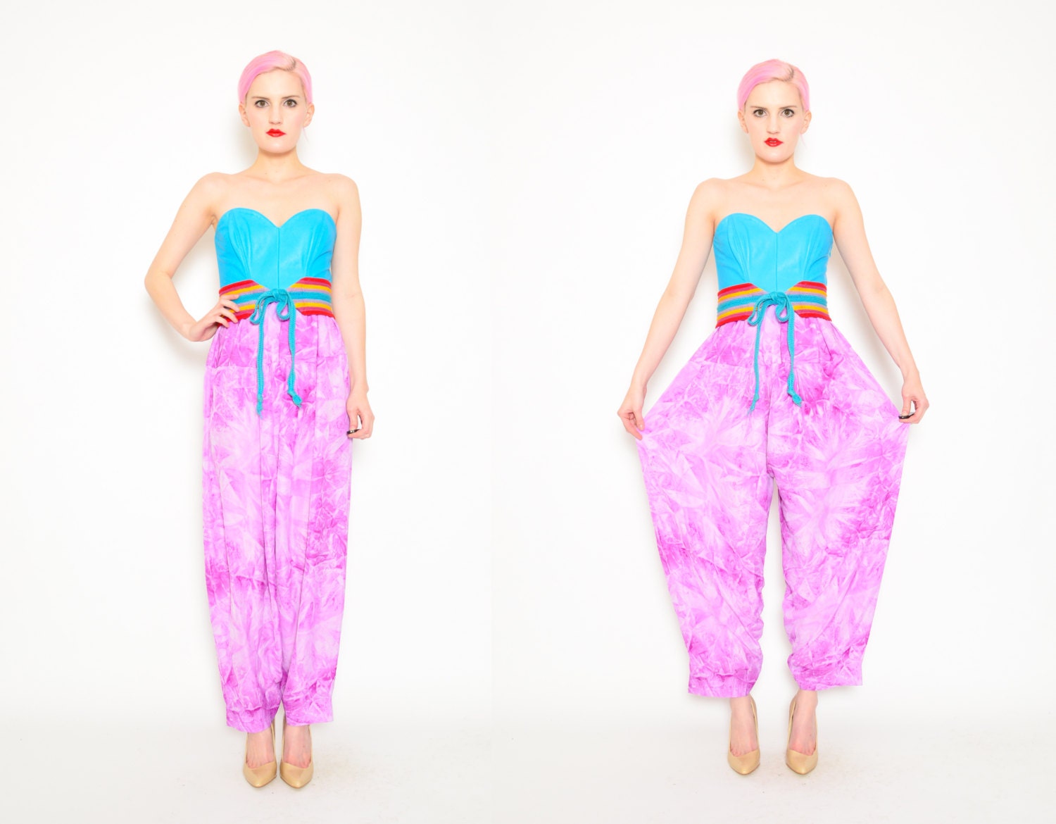 80s 90s Pants - Purple Tie Dye Harem Pants - 1990s Ethnic Hippie High Waist Trouser Pants - S M 4 6 8