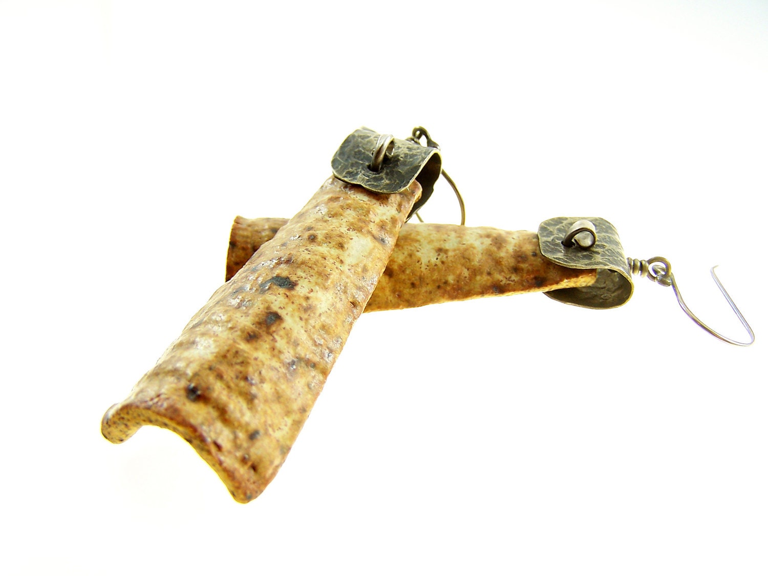 Ceramic Earrings, Pottery Jewelry, Metalwork Earrings, Ceramic Jewelry, Hammered Sterling, Tribal, Neutral, Earthy