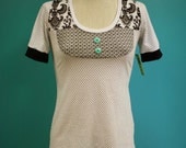 White Black Aqua Blue Polka Dot Damask Shirt - Size Small