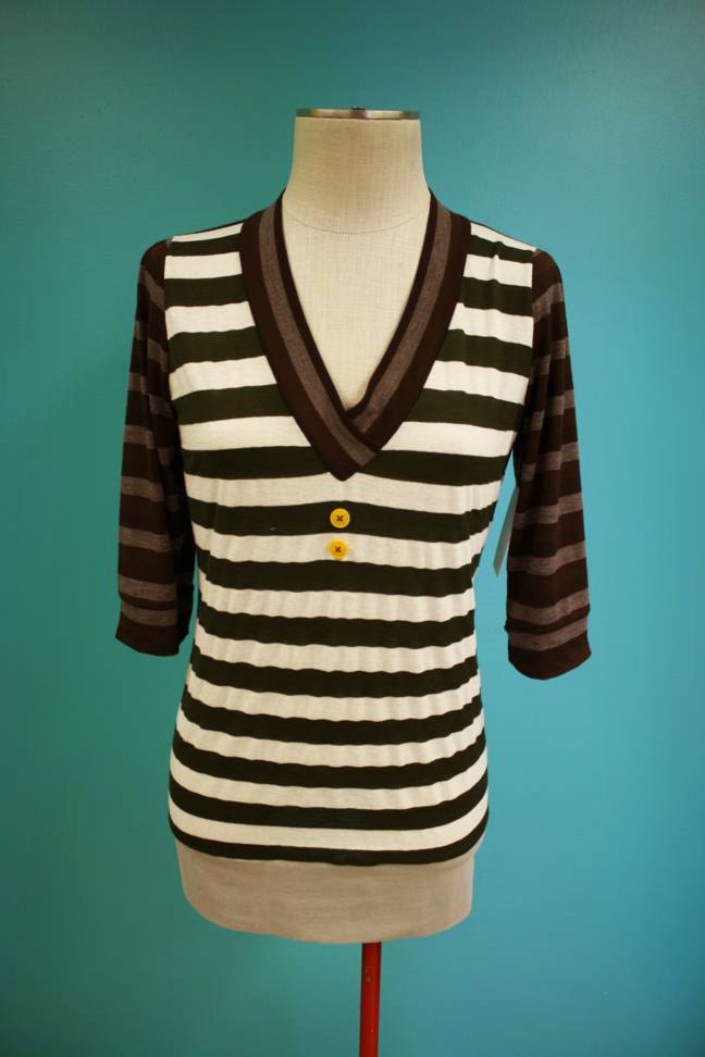 Green Cream Brown Striped V Neck Shirt - Size Large