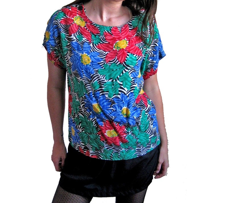 Colorful 80's Top, Safari Floral Zebra Print Blouse