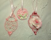 Shabby Pink Rose Christmas Ornaments Vintage Victorian Cottage Style Shabby Chic set of 3