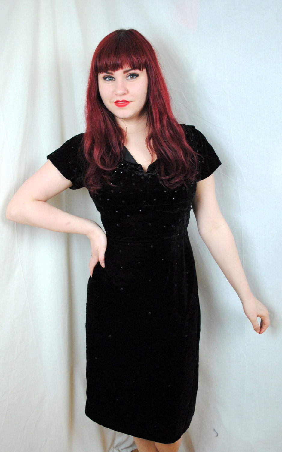 Vintage 60s Little Black Dress with Rhinetsones - Party, Cocktail Velvet Dress