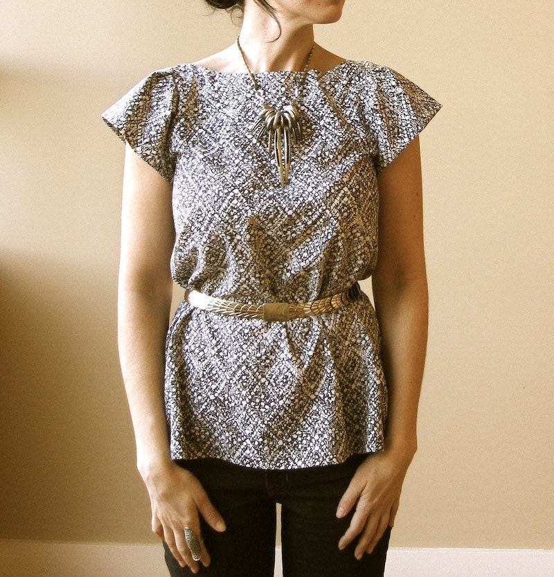 Women's Blouse Grey Print on White, Short Sleeves, Modern Bohemian- made to order