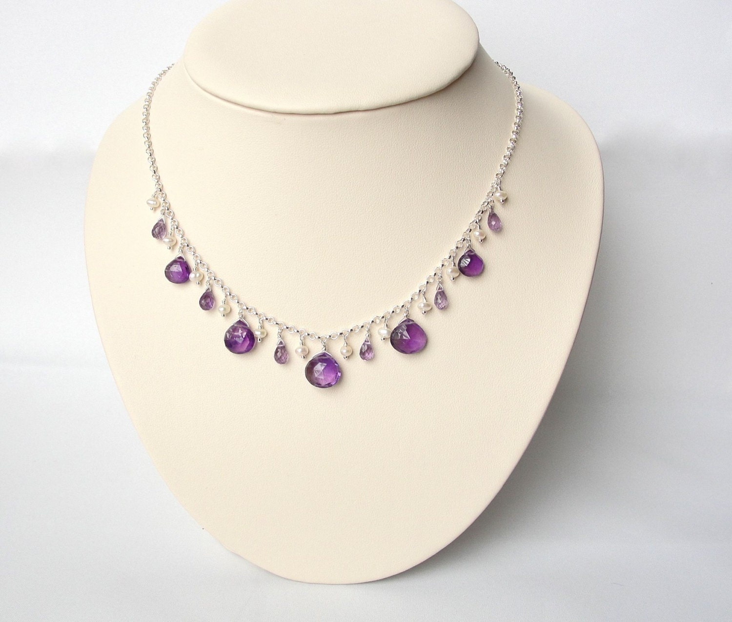 Amethyst Necklace in Sterling Silver with Freshwater Pearls, February Birthstone Jewelry, Handcrafted Necklace