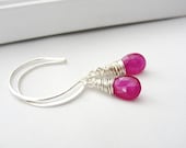 Pink Sapphire Earrings in Sterling Silver, Wire Wrapped Briolette, Gemstone Dangle Earrings