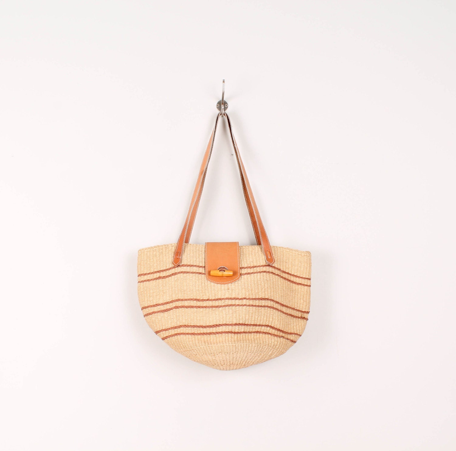 90s Woven Jute Tote / Market Bag / Purse - Natural Tan & Rust Brown w/ Leather Trim Bucket Bag Straw Raffia 1990s Summer Totebag