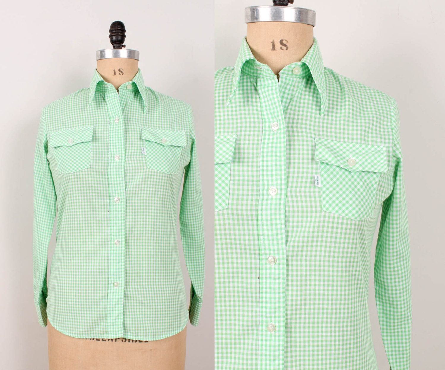 70s Levis Gingham Blouse - Womens L / XL - Lime Green & White Checked Long Sleeve Button Up Western Shirt Top Pointed Collar Plaid 1970s