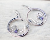 Unique Delicate Wire Wrapped Filigree Hoop Earrings, Oxidized Copper Earrings, swirls and spirals, amethyst, hypoallergenic niobium earwires