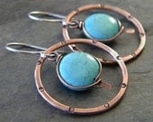Turquoise Copper Earrings Circle Link Sterling Silver Puff Coin Mixed Metal Artisan Jewelry
