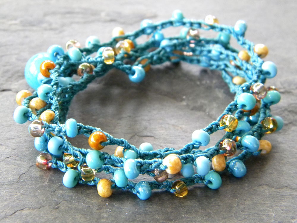 Bohemian Beaded Crocheted Bracelet Necklace Turquoise Blue Iridescent Gold Earthy Gold Beach Jewelry