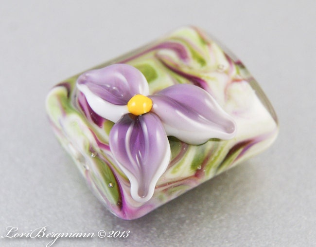 Violet Swirls Pendant Focal, Handmade Lampwork Glass Bead, Flower Garden, Purple, Green