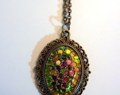 Vintage Glass Pendant Necklace Fish Scale Wedding Edwardian Elegant Antique Bronze Filigree by Joolienn on etsy