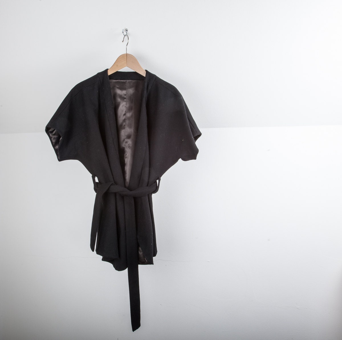 Kyoko black wool kimono jacket, bohemian, minimalist, asian style, japanese kimono, size medium, size large, belted jacket, pockets