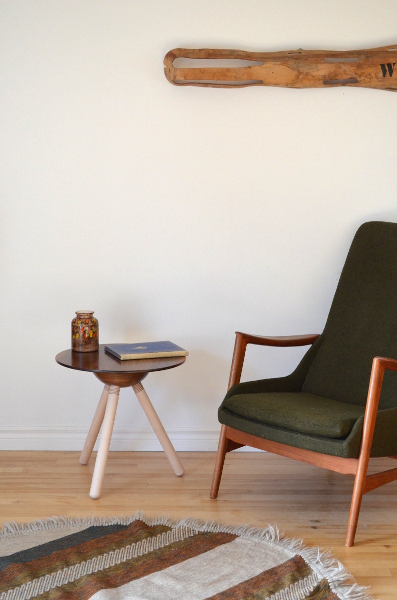 Walnut and maple side table knock dowel leg