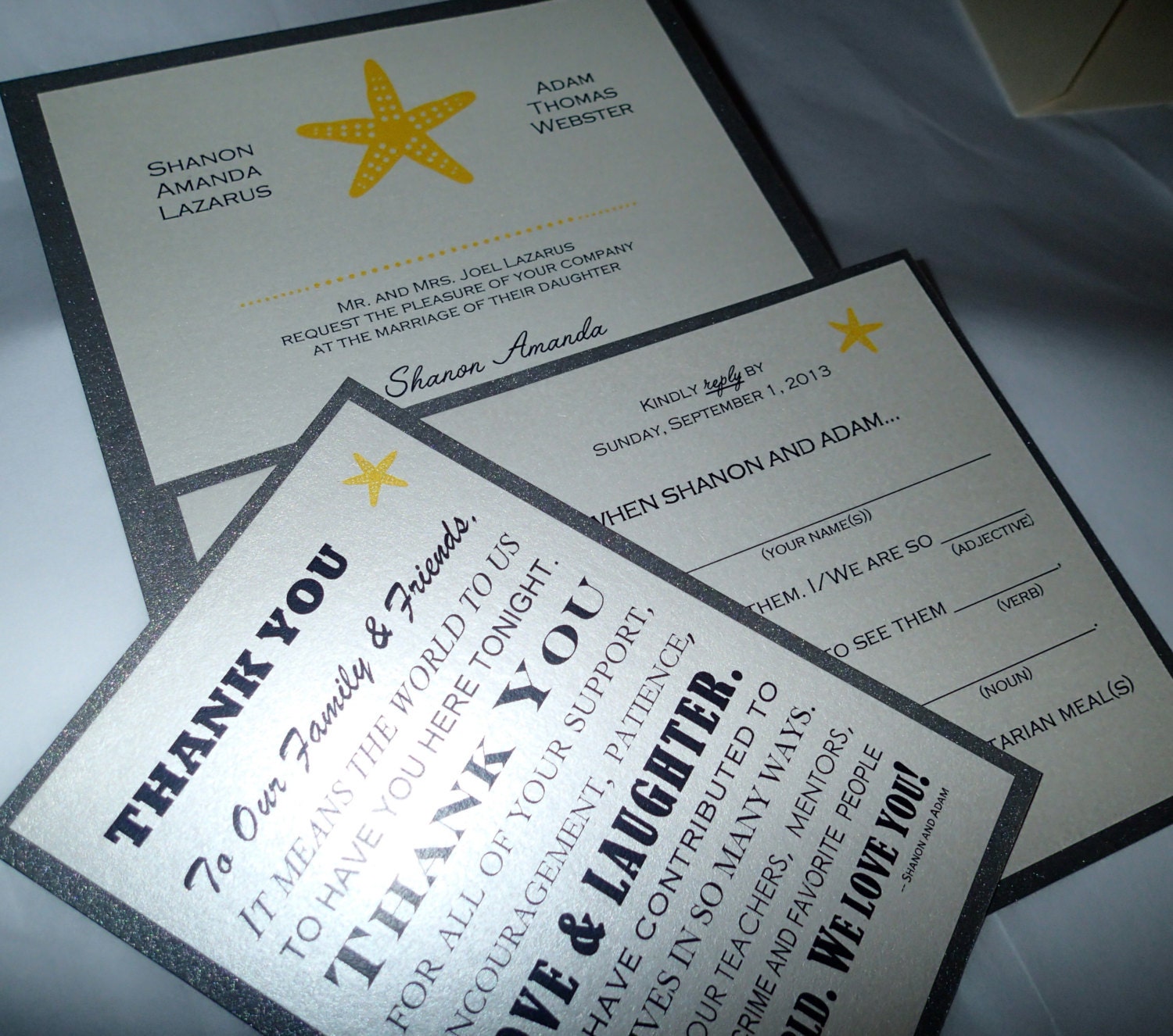 Seaside invitation, Starfish invitation, Beach invitation, Destination wedding invitation, yellow and grey invitation