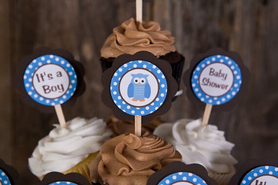 Owl CUPCAKE TOPPERS - Owl Theme It's a Boy Baby Shower Decorations in Blue & Brown Il_570xn