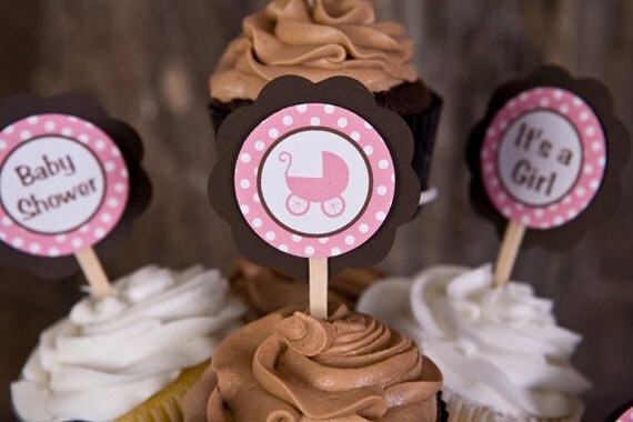 Baby Shower Decorations - CUPCAKE TOPPERS - It's a Girl Carriage Theme - Baby Shower Decorations in Pink & Brown Il_570xn