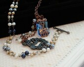 Pirate Treasure Crystals Glass Pearls Sapphire Key Lock Pendant Necklace