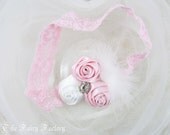 Baby Headband, Pink & White Satin Flower Trio w/ Rhinestones and Feathers Lace Headband or Hair Clip, Photo Prop, Child Girls Headband