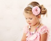 Pink Satin & Tulle Flower Puff w/ Gray Pearl Stretchy Silvery Gray Lace Headband or Hair Clip, Wedding, Baby Toddler Child Girls Headband