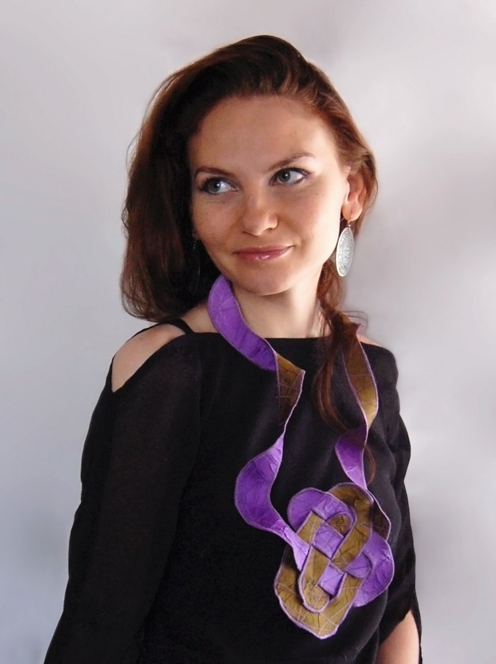 Fabric Necklace- Celtic Knot, Silk Cotton, Fashion Statement Accessory, Purple Green Lilac