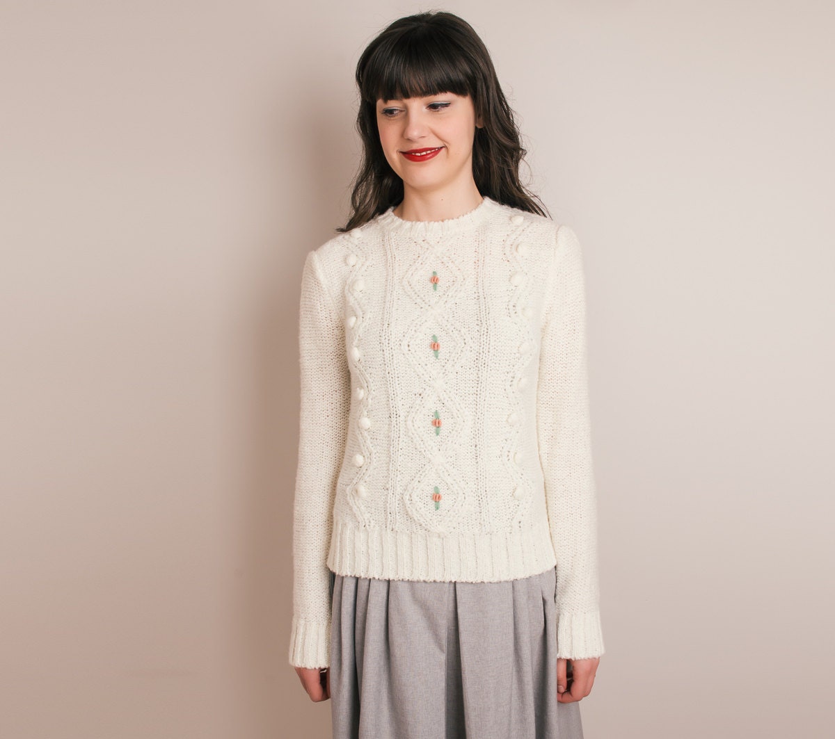 1970s Cream Sweater with Pink Flowers - 70s Pretty Knit - S