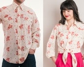 1970s Floral Western Shirt - Vintage Red Rose Boyfriend Shirt - Mens Size 16.5 / 35