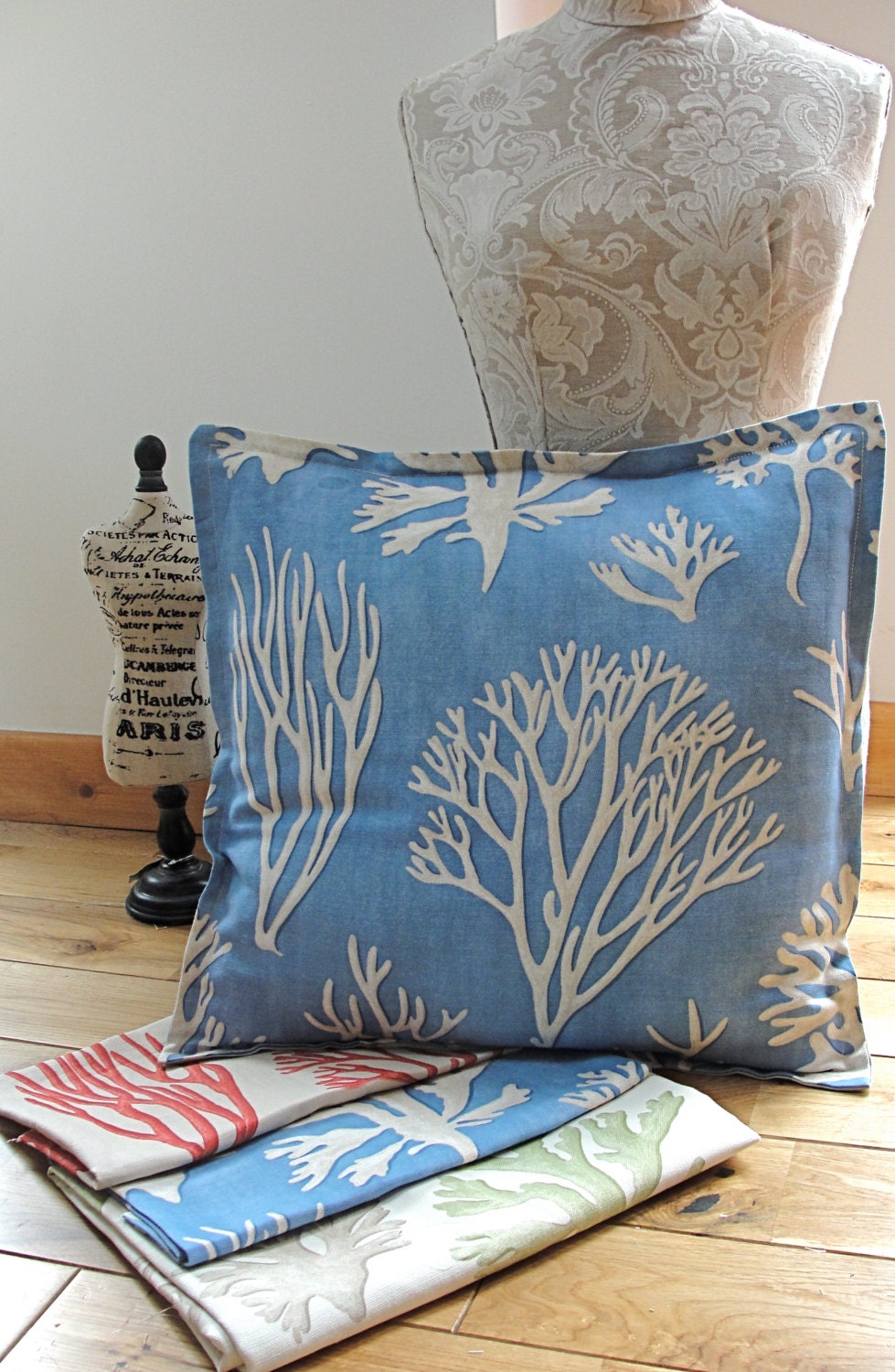 2 X CORAL ECO-FRIENDLY Cushion Cover by Fairytale13 - 20 X 20"  your choice of color - blue, red or sage green