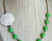 White Cream Rose Bridal Necklace Asymmetrical Bridesmaid Necklace Vintage Flower Floral Green Beaded Necklace Cable Chain Gift her