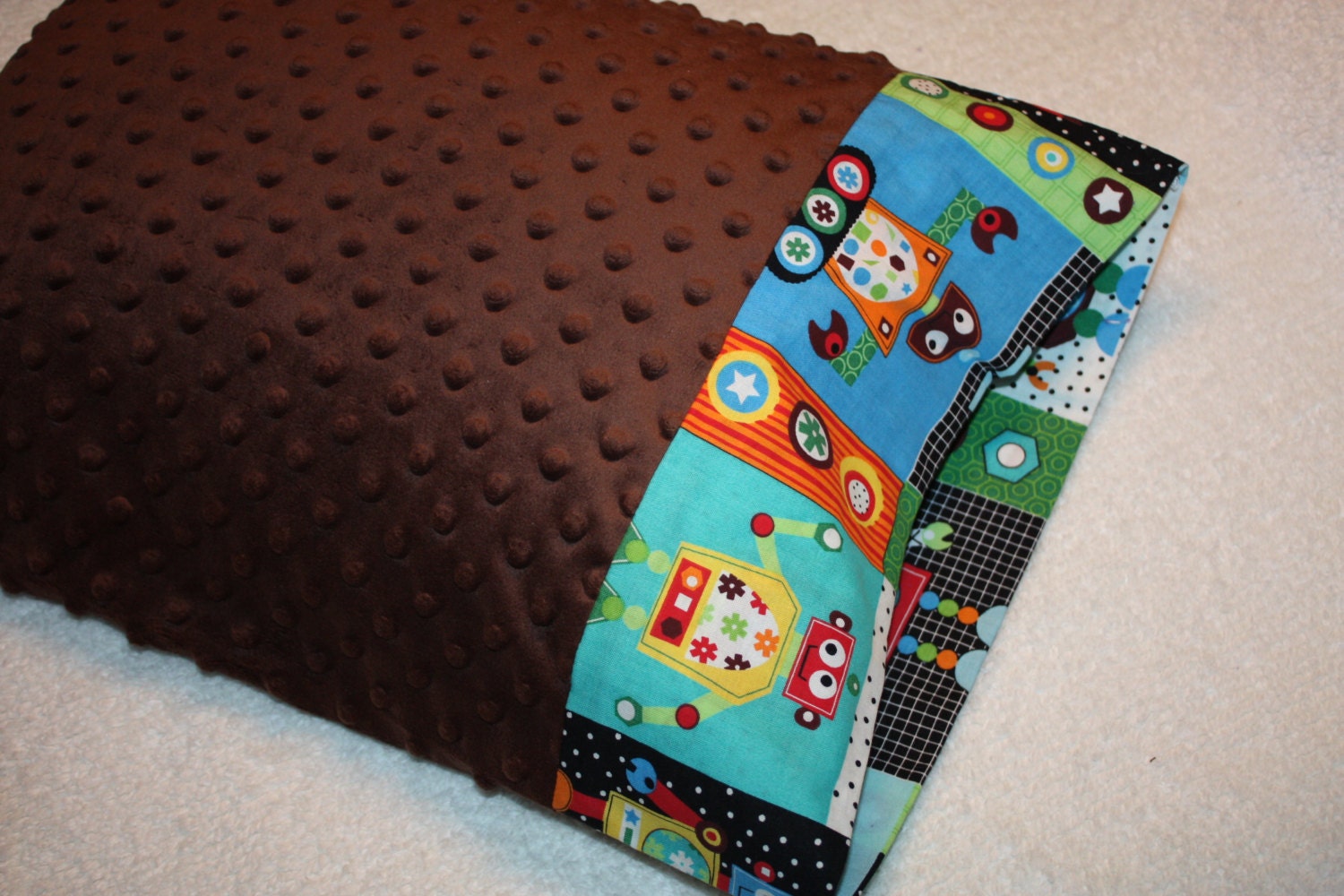 Robots and Brown Minky Dot Pillowcase for 12x16 Small Pillow- Large Robots Border- Minky Toddler Pillowcase