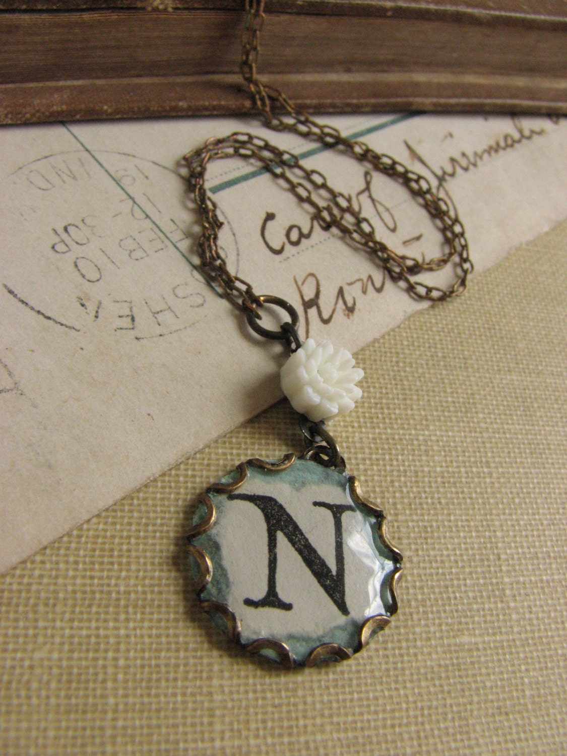Delicate Vintage N Monogram Necklace -light blue, white flower, vintage paper, repurposed necklace, bridesmaid necklace