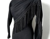Vintage Sweater Dress Attached Shawl Scarf Fringe Black Fitted Midi Maxi Dress