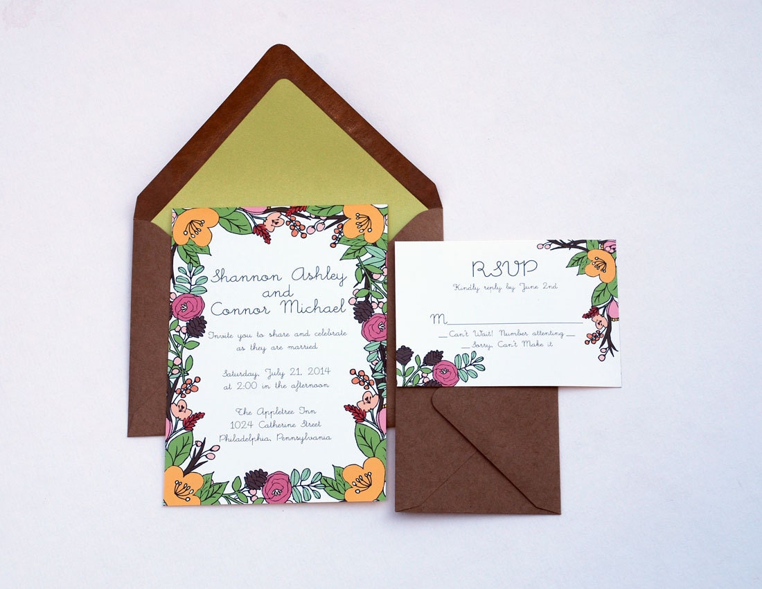 The Kylie Collection - Floral Garden Party Wedding Invitation Set in Peach, Pink, Yellow and Green with Kraft or Cream Envelopes - SAMPLE