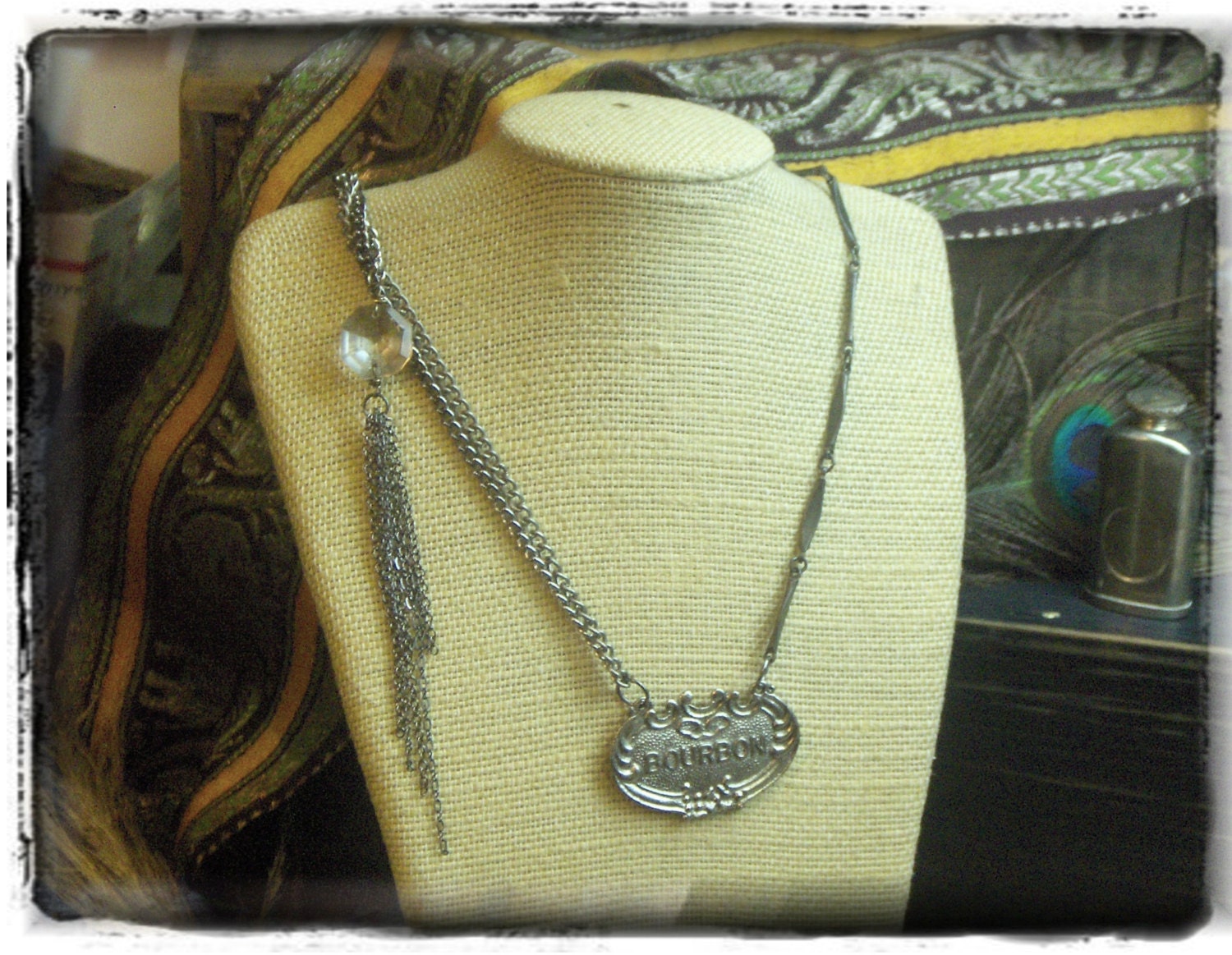 THE NIGHTCAP. Vintage Bourbon Liquor tag, chandelier crystal and chain fringe upcycled necklace