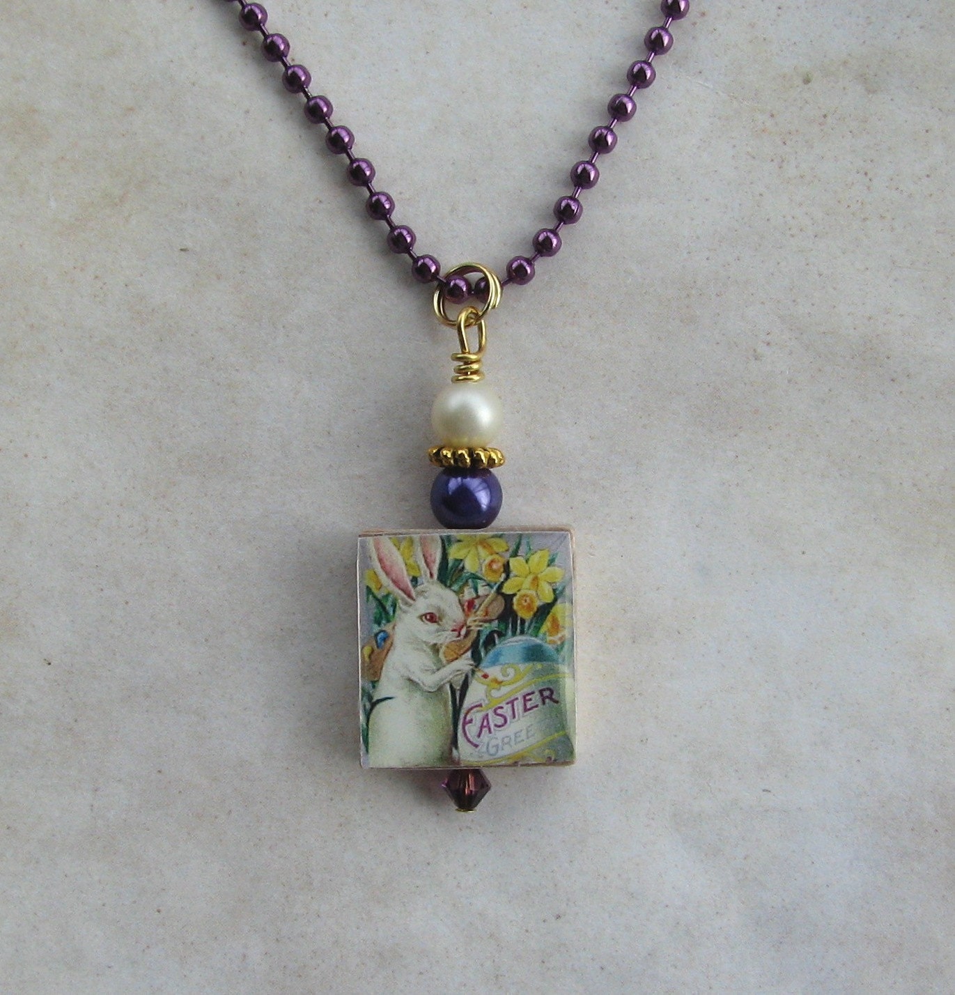 Bunny Rabbit Spring Flowers Easter Egg Scrabble Necklace