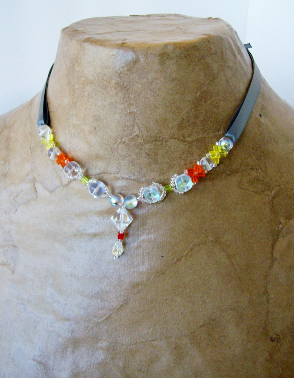 Neon and Grey Beaded Crystal Adjustable Ribbon Necklace