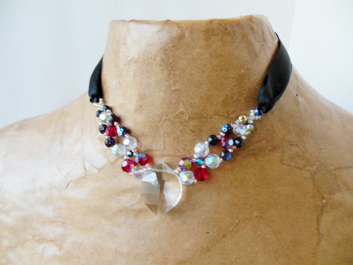Beaded Vintage Crystal Adjustable Ribbon Necklace