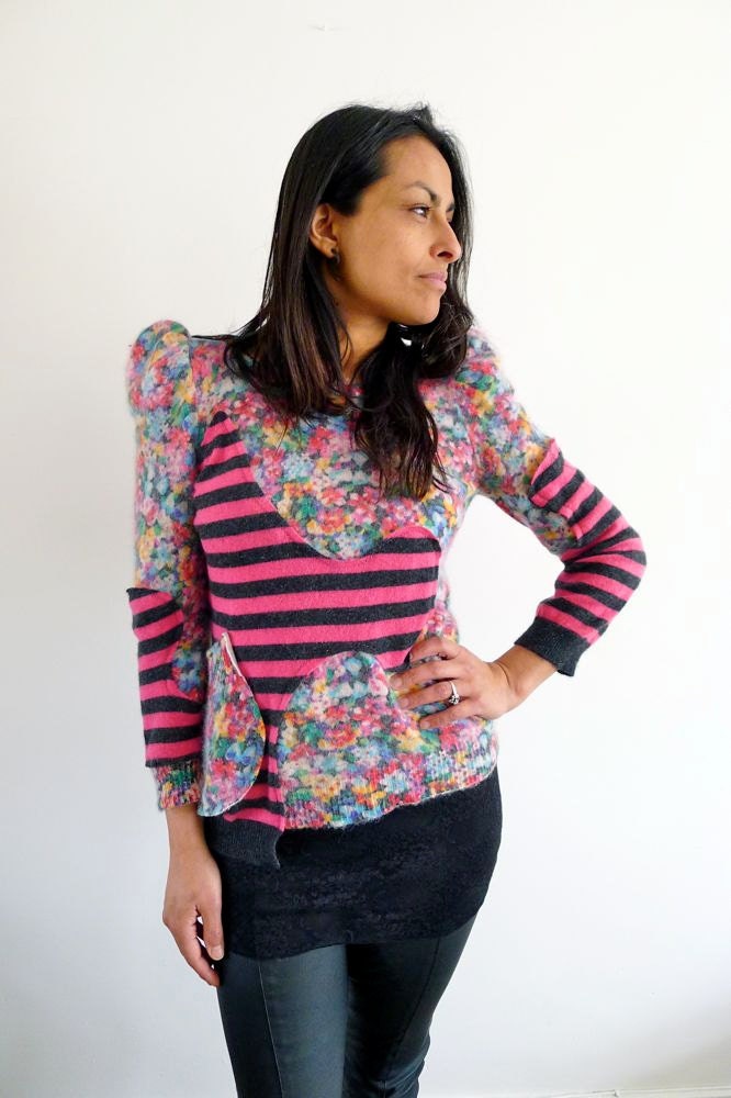 Fuchsia  Pink Stripey Floral Upcycled Cashmere Sweater                   Made in England UK
