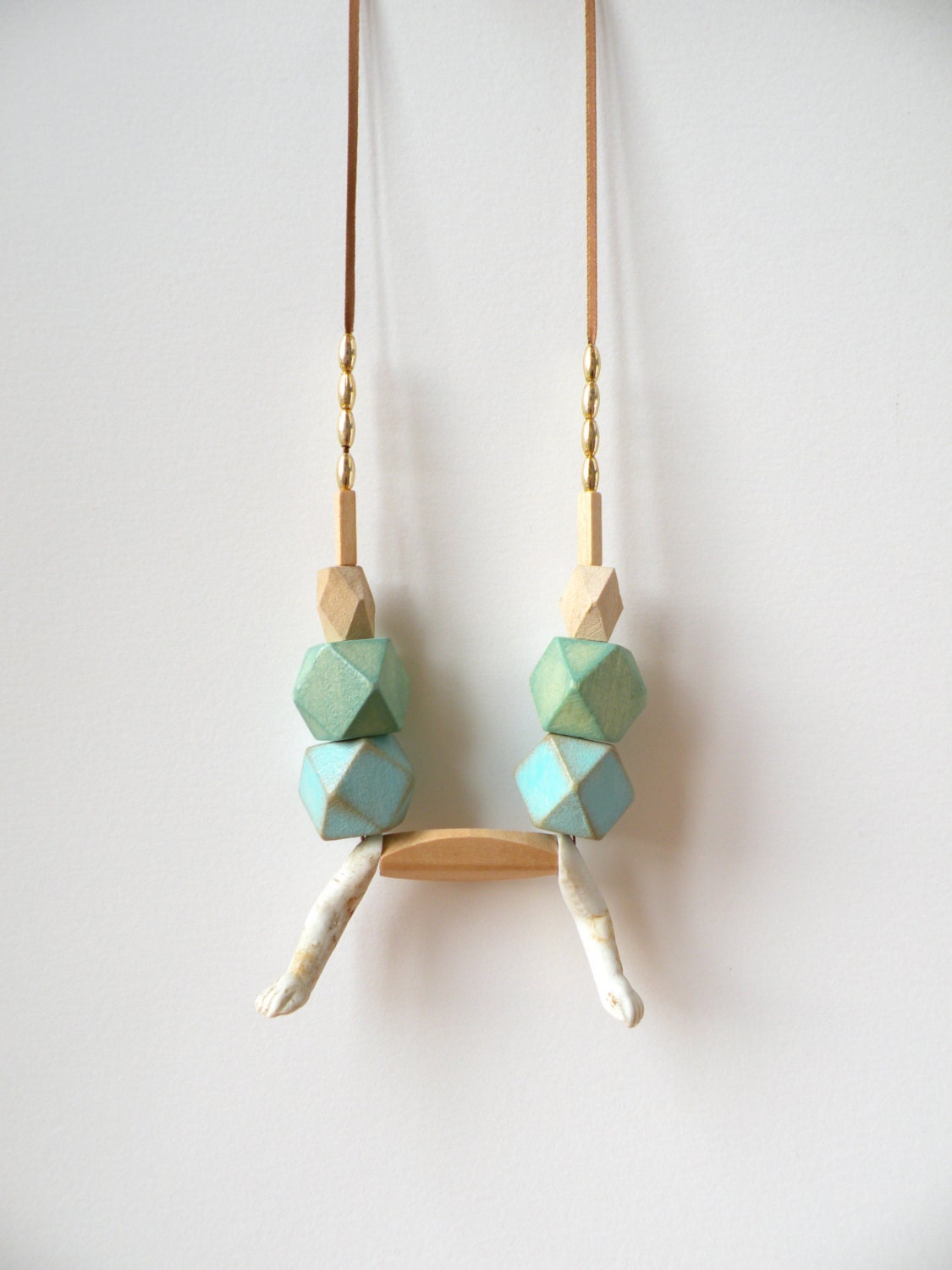 Mint & Blue Wood Hedron Bead Geometric Necklace / Gold beads / Antique porcelain doll arms / Statement necklace - jujujust