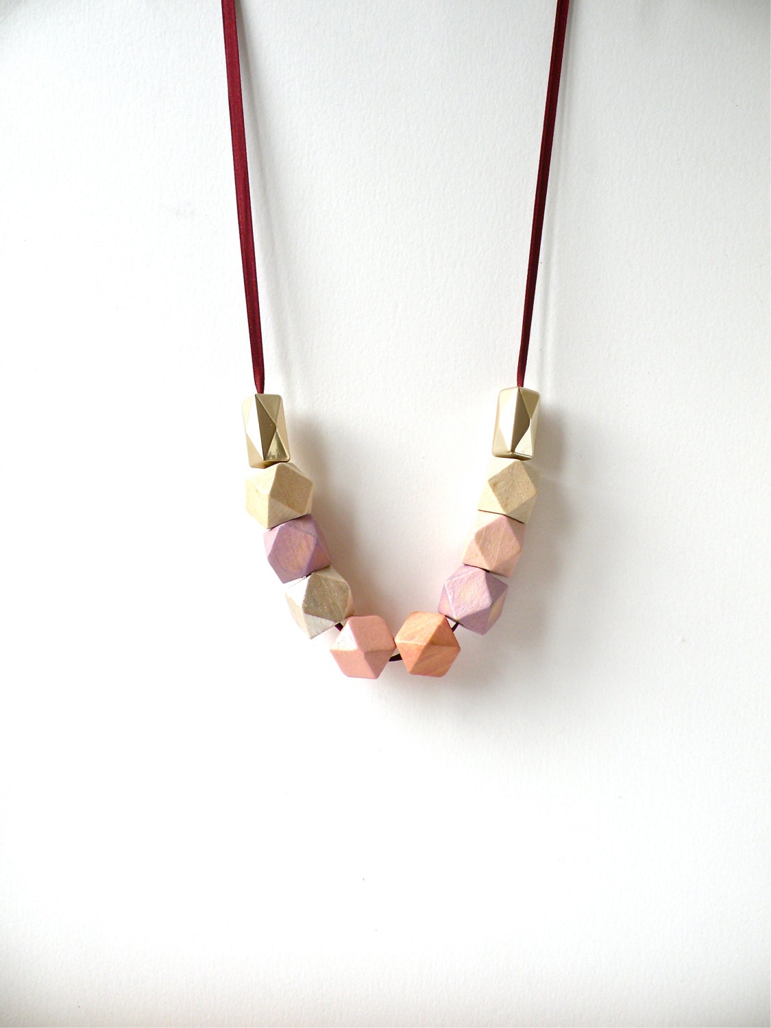 Wood Bead Geometric Necklace / Pastel Pink, Purple, Gold & Salmon / Natural Wood Bead Statement Neckalce - jujujust