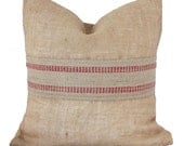 Free U.S. Shipping - Natural Burlap with a Red Jute Webbing Band, Pillow Cover, Decorative Throw Pillow ONE 16x16 inch